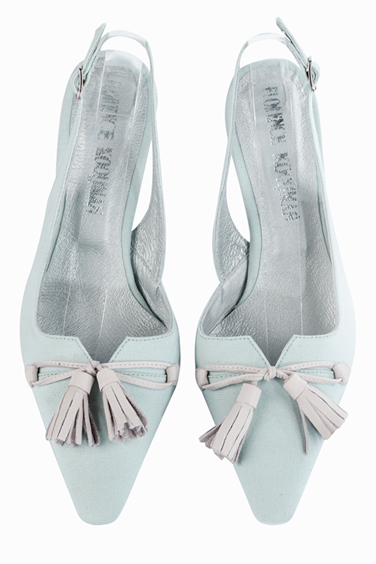 Sky blue women's open back shoes, with a knot. Tapered toe. High slim heel. Top view - Florence KOOIJMAN